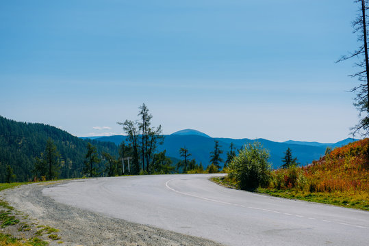 Sharp curve raod in the mountain, landscape view, Altay