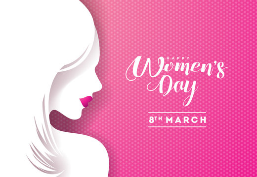 Happy Womens Day Floral Greeting Card Design. International Female Holiday Illustration with Women Silhouette and Typography Letter Design on Pink Background. Vector International 8 March Template.