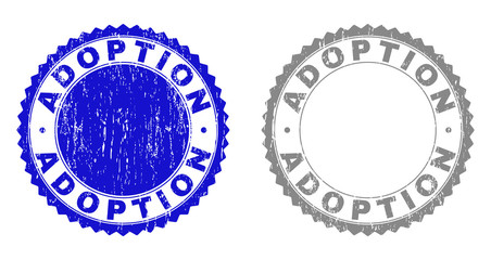 ADOPTION stamp seals with grunge texture in blue and grey colors isolated on white background. Vector rubber overlay of ADOPTION label inside round rosette. Stamp seals with grunge styles.