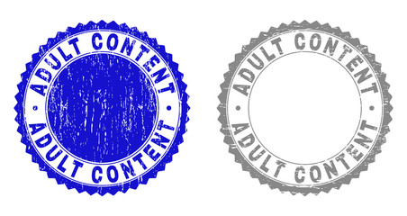 ADULT CONTENT stamp seals with grunge texture in blue and grey colors isolated on white background. Vector rubber imprint of ADULT CONTENT text inside round rosette. Stamp seals with grunge styles.
