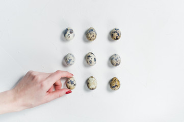 Hand takes quail egg. White background, top view, space for text