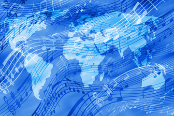 Abstract blue background on a musical theme with a map of the world. World music.