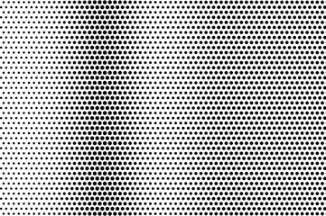 Black on white distressed halftone vector texture. Digital optic illusion. Vertical dotwork gradient for vintage effect.