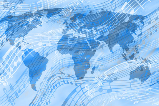 Abstract blue background on a musical theme with the image of the continents. World music.