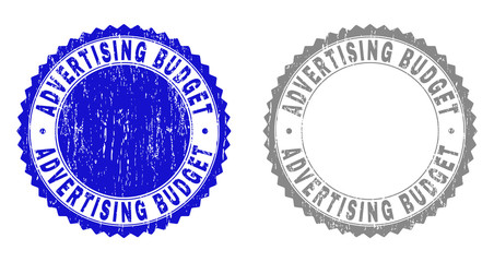 ADVERTISING BUDGET stamp seals with grunge texture in blue and grey colors isolated on white background. Vector rubber overlay of ADVERTISING BUDGET label inside round rosette.