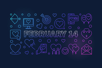 February 14 vector outline colored banner. Valentine's Day modern linear illustration on dark background