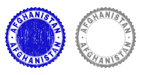 AFGHANISTAN stamp seals with grunge texture in blue and grey colors isolated on white background. Vector rubber imitation of AFGHANISTAN tag inside round rosette. Stamp seals with scratched textures.