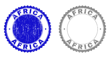 AFRICA stamp seals with distress texture in blue and grey colors isolated on white background. Vector rubber overlay of AFRICA caption inside round rosette. Stamp seals with grunge styles.