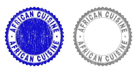 AFRICAN CUISINE stamp seals with distress texture in blue and grey colors isolated on white background. Vector rubber overlay of AFRICAN CUISINE label inside round rosette.