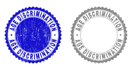 AGE DISCRIMINATION stamp seals with grunge texture in blue and grey colors isolated on white background. Vector rubber imprint of AGE DISCRIMINATION text inside round rosette.