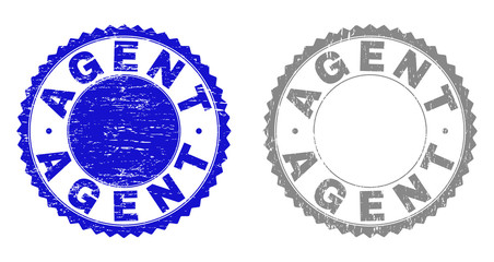 AGENT stamp seals with grunge texture in blue and gray colors isolated on white background. Vector rubber imitation of AGENT tag inside round rosette. Stamp seals with grunge styles.