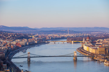 Fototapeta na wymiar BUDAPEST / HUNGARY - FEBRUARY 02, 2012: Panorama of the city, shot taken during beautiful purple evening sun