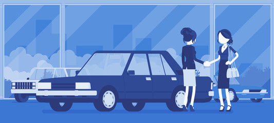 Female car dealership sells a new red vehicle to woman. Woman buying auto in automobile shop, making agreement with agency manager, officially agree to a deal. Vector illustration, faceless characters