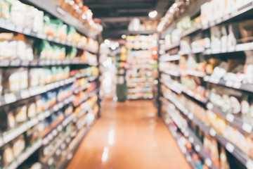 supermarket aisle shelf interior abstract blur background - obrazy, fototapety, plakaty