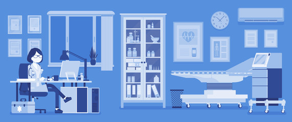 Female doctor in general practitioner office interior. Hospital examination room, medical facility, clinic practice to receive. Medicine, healthcare concept. Vector illustration, faceless characters