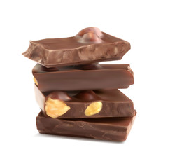 Chunks of chocolate with hazelnuts. Vector realistic illustration.