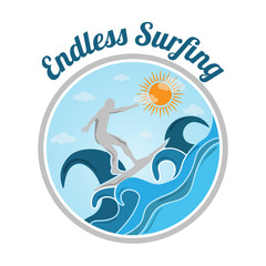 Colored endless surfing. Summer surfing sports vector logo , surf board and ocean wave. Summer sport surfing, illustration of sport surf board badge