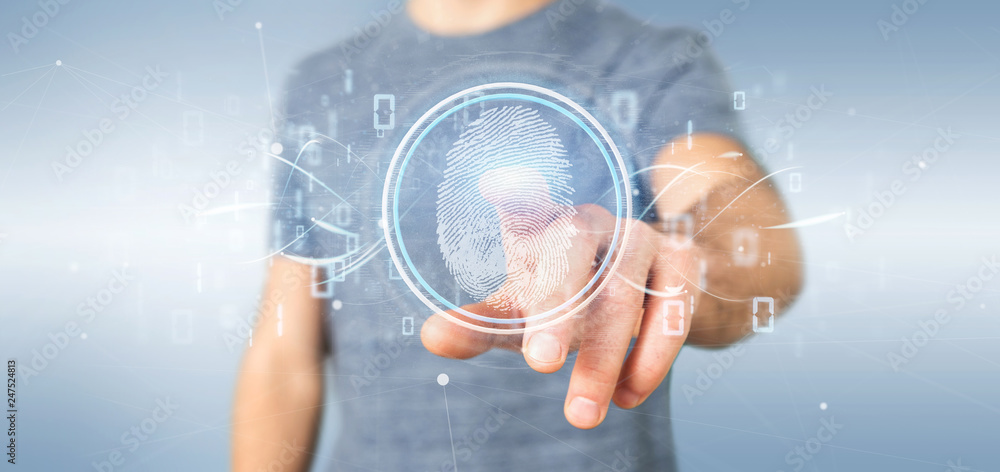 Poster businessman holding a digital fingerprint identification and binary code 3d rendering