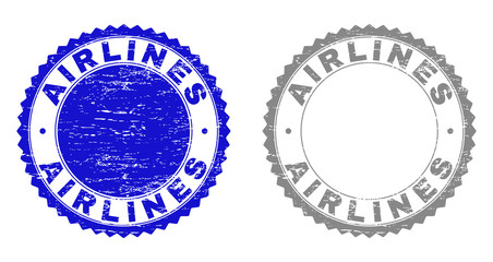 AIRLINES stamp seals with grunge texture in blue and gray colors isolated on white background. Vector rubber overlay of AIRLINES label inside round rosette. Stamp seals with grunge styles.