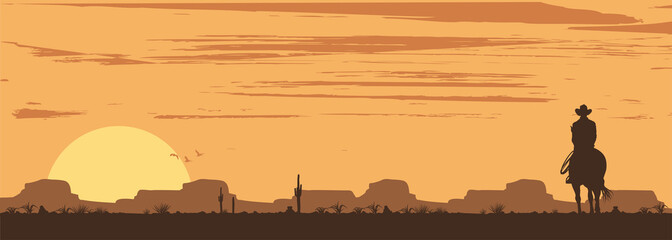 Silhouette of lonesome cowboy riding horse at sunset, Vector Illustration