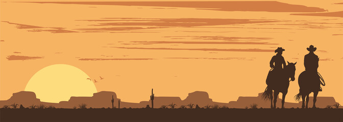 Silhouette of Cowboy couple riding horses at sunset, vector