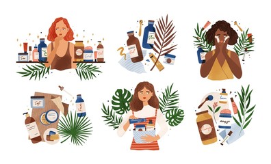 Bundle of compositions with cute young women, tropical leaves and natural organic cosmetics products in bottles, jars and tubes for skin care. Skincare routine set. Flat cartoon vector illustration. - obrazy, fototapety, plakaty