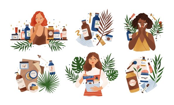 Bundle of compositions with cute young women, tropical leaves and natural organic cosmetics products in bottles, jars and tubes for skin care. Skincare routine set. Flat cartoon vector illustration.