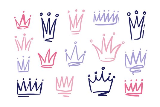 Set of drawings of doodle abatract crowns. Symbols of princess hand drawn with pink and purple freehand lines on white background. Vector illustration.