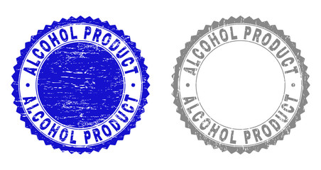 ALCOHOL PRODUCT stamp seals with distress texture in blue and grey colors isolated on white background. Vector rubber imitation of ALCOHOL PRODUCT label inside round rosette.