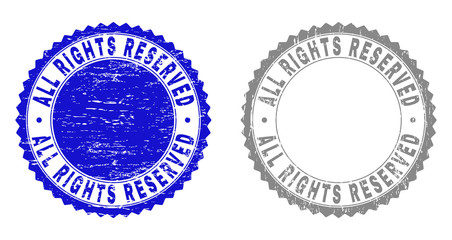ALL RIGHTS RESERVED stamp seals with grunge texture in blue and gray colors isolated on white background. Vector rubber overlay of ALL RIGHTS RESERVED title inside round rosette.