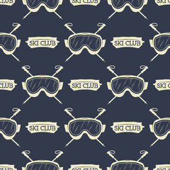 Snowboard seamless background. Winter ski pattern design with snowboards mask goggles and typography elements. Stock vector. Monochrome style.