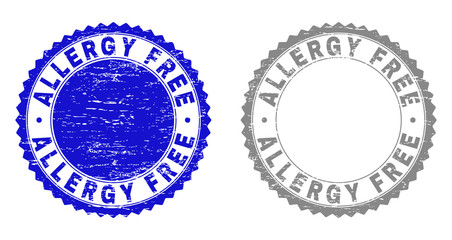 ALLERGY FREE stamp seals with grunge texture in blue and grey colors isolated on white background. Vector rubber overlay of ALLERGY FREE text inside round rosette. Stamp seals with grunge textures.