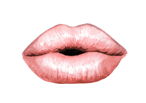 Plump puffy pink kissing lips with Nude lipstick. Watercolor hand drawn illustration  isolated on white background