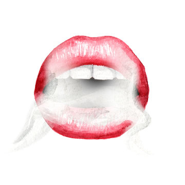 Sexy lips with red lipstick and Smoke coming from mouth. Watercolor hand drawn illustration, isolated on white background