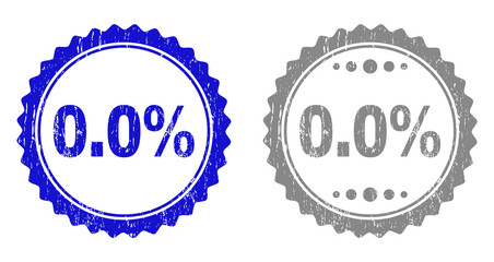 0.0% stamp seals with grunge texture in blue and grey colors isolated on white background. Vector rubber imitation of 0.0% caption inside round rosette. Stamp seals with grunge textures.
