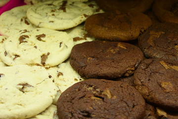 Brown and white choco cookies, delicious biscuit chocolate pastry, served on a plate