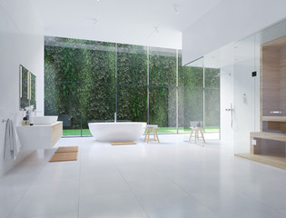 3D new modern zen bathroom with tropic plants. 3d rendering
