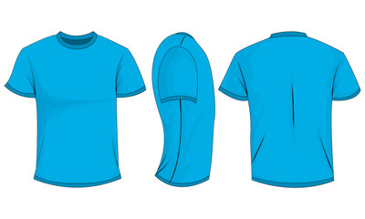 Blue t-shirt template in front, side and back views