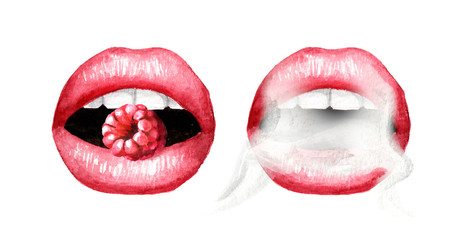 Obraz premium Sexy red lips Smoke coming from mouth and red lips with raspberry. Watercolor hand drawn illustration, isolated on white background