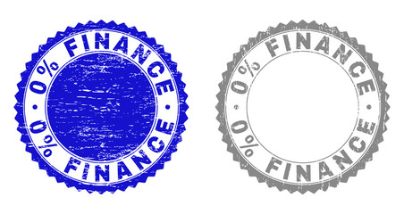 0% FINANCE stamp seals with grunge texture in blue and grey colors isolated on white background. Vector rubber imitation of 0% FINANCE caption inside round rosette. Stamp seals with retro styles.