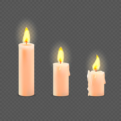 Vector set of realistic white burning candles 