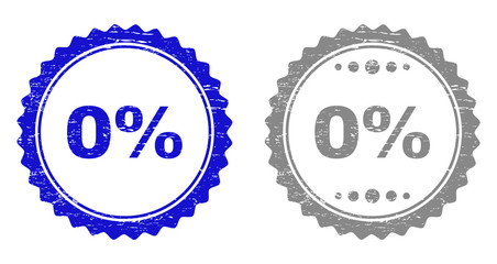 0% stamp seals with grunge texture in blue and gray colors isolated on white background. Vector rubber imprint of 0% caption inside round rosette. Stamp seals with grunge styles.