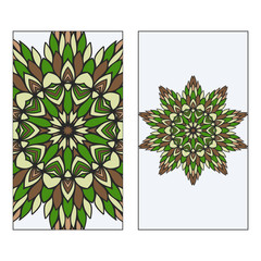 Ethnic Mandala Ornament. Templates invitation card With Mandalas. Floral decoration. Vector illustration Green, brown color. Card Design For Banners, Greeting Cards, Gifts Tags.