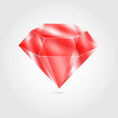 Realistic red round gem ruby on gray background