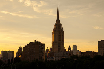 sunset cityscape with tower in Moscow, Russia
