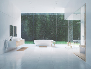 3D new modern zen bathroom with tropic plants. 3d rendering