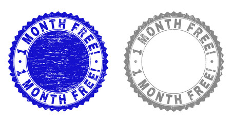 1 MONTH FREE! stamp seals with grunge texture in blue and gray colors isolated on white background. Vector rubber imprint of 1 MONTH FREE! caption inside round rosette.