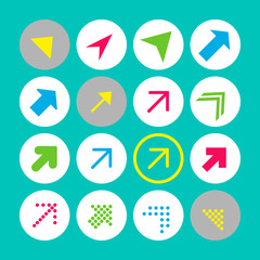 Set of 16 arrow icons with north-east direction. Arrow buttons on turquoise background in white, gray and transparent circles