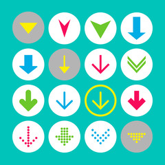 Set of 16 down arrow icons. Arrow buttons on white background in crimson, blue, yellow and transparent circle