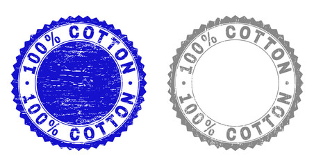 100% COTTON stamp seals with grunge texture in blue and gray colors isolated on white background. Vector rubber imitation of 100% COTTON title inside round rosette. Stamp seals with unclean textures.